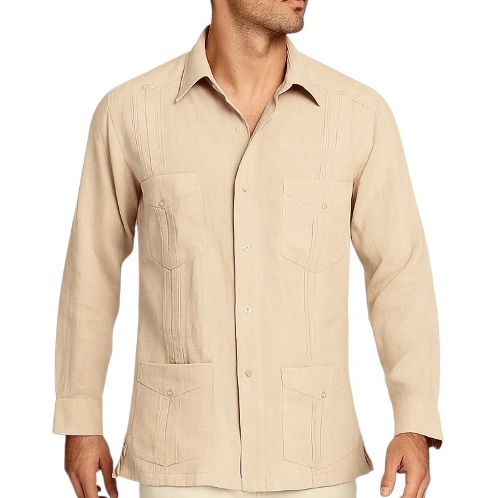 Feldini Mens Linen / Cotton Shirt Soft Cool Cabana Old Money Bush Jacket Beige L